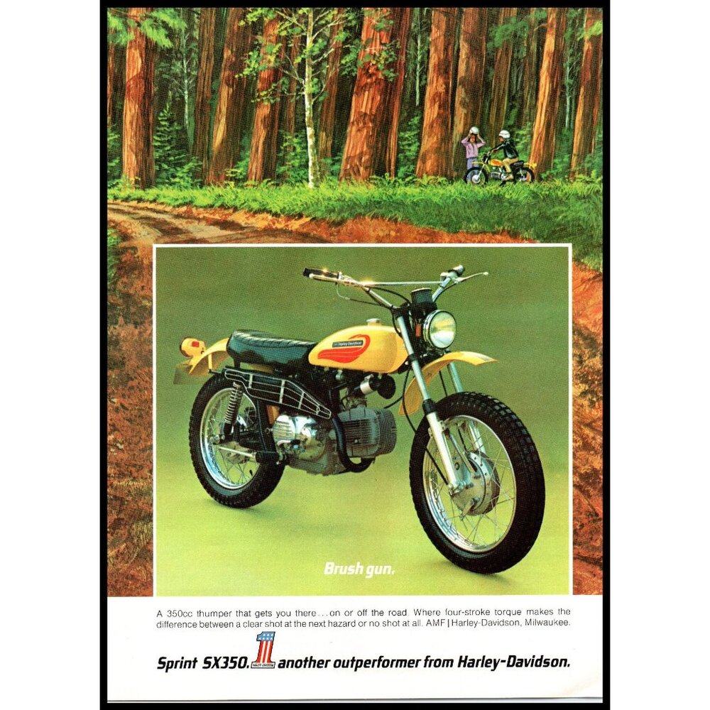 1972 Harley Davidson Sprint SX350 Motorcycle Vintage Print Ad Dirt Road Wall Art
